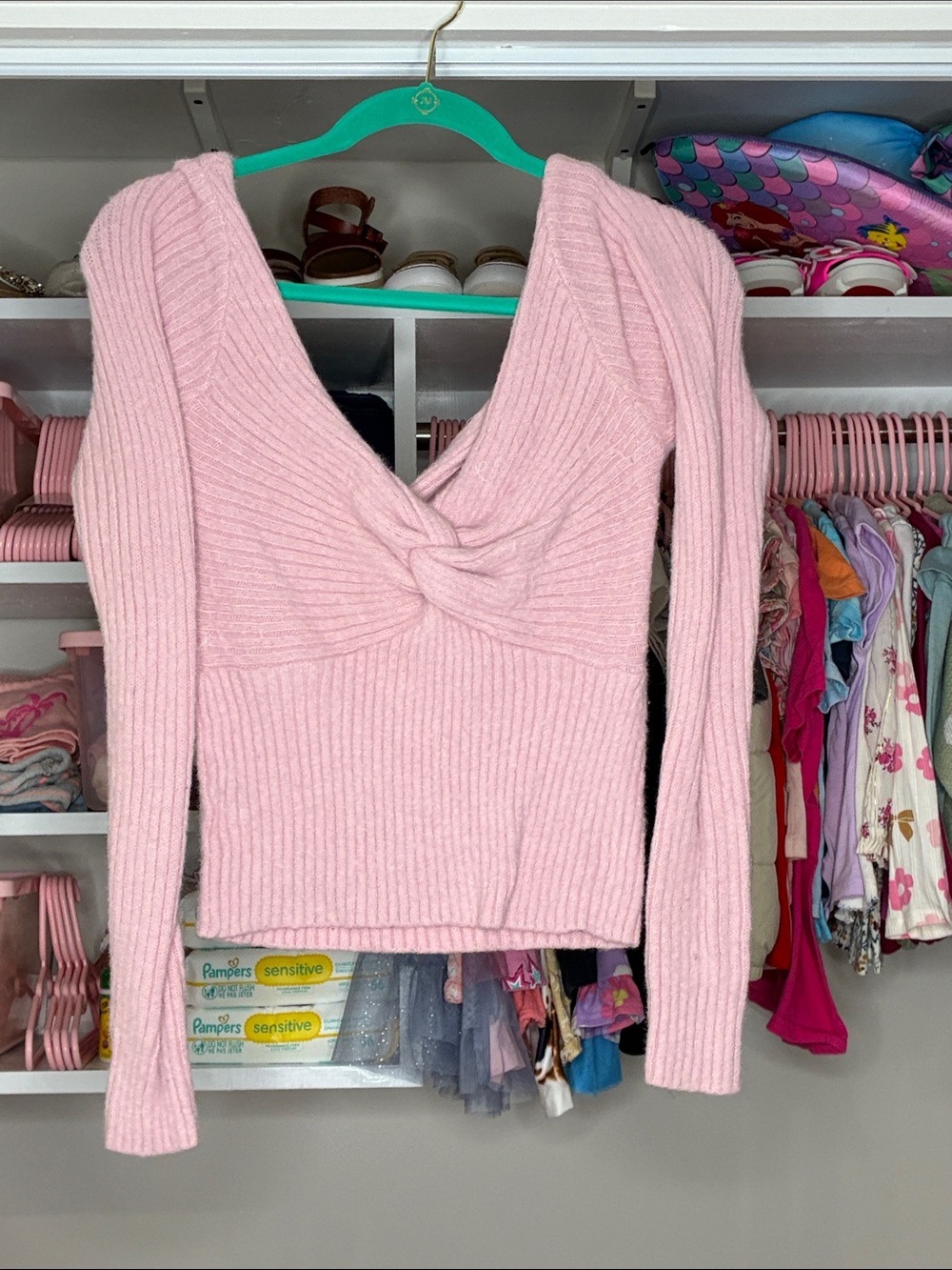 SHEIN Pink Twist-Front V-Neck Ribbed Sweater